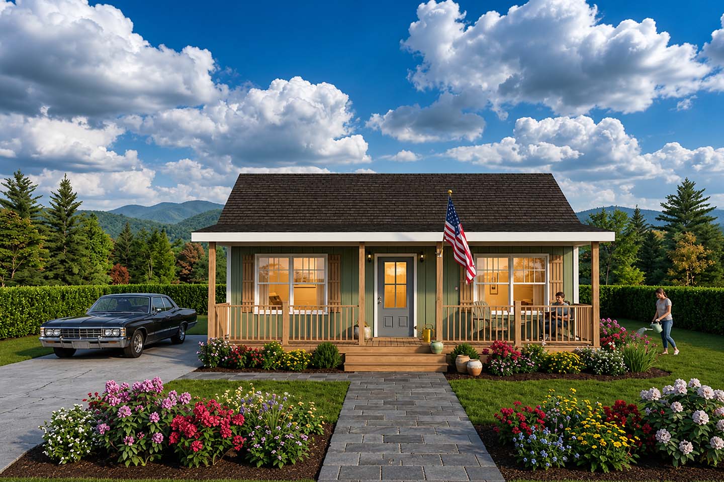 A cozy modular home with a front porch, garden, parked car, and American flag, set against a scenic, sunny backdrop.