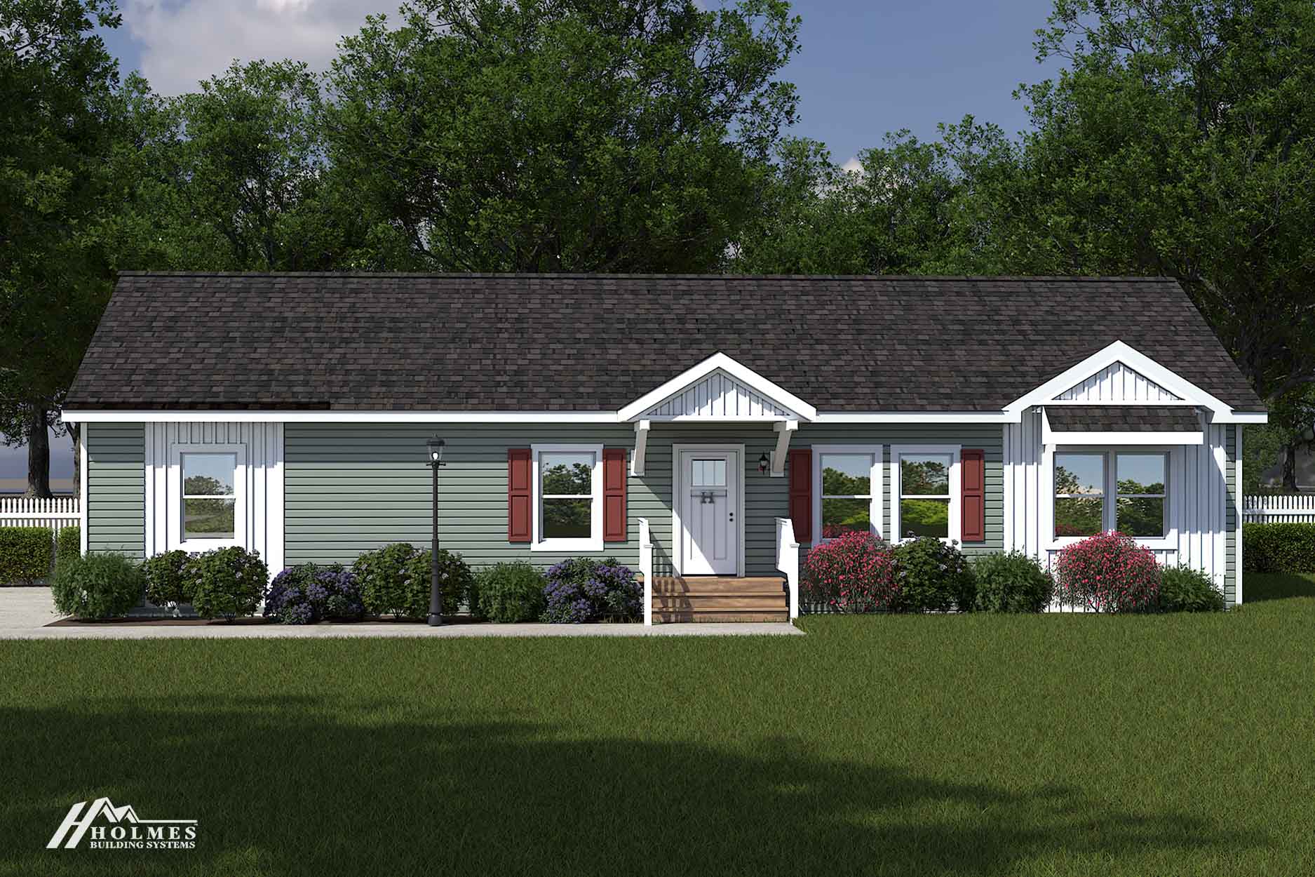 Single-story modular home with gray siding, red shutters, front steps, bushes, and trees in the background.