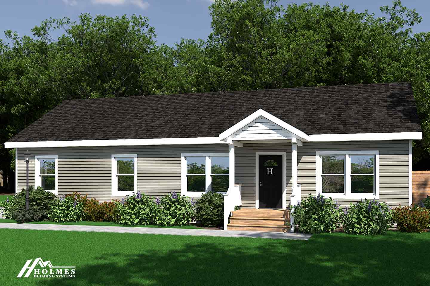 Single-story modular home with gray siding, white trim, a welcoming front porch, and a landscaped yard with bushes and a green lawn.